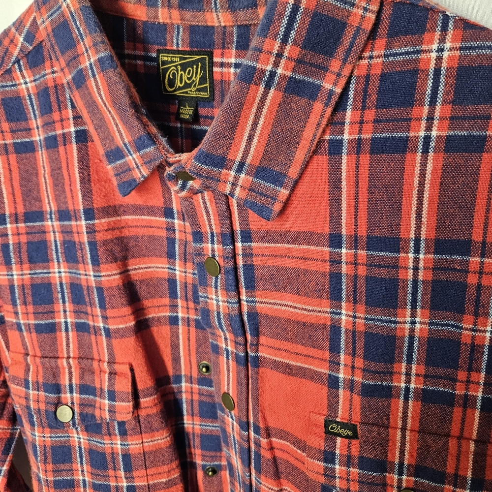 Obey Shirt Sz Large Button Up, Long Sleeve Snapss Pockets Plaid Red - Picture 4 of 7